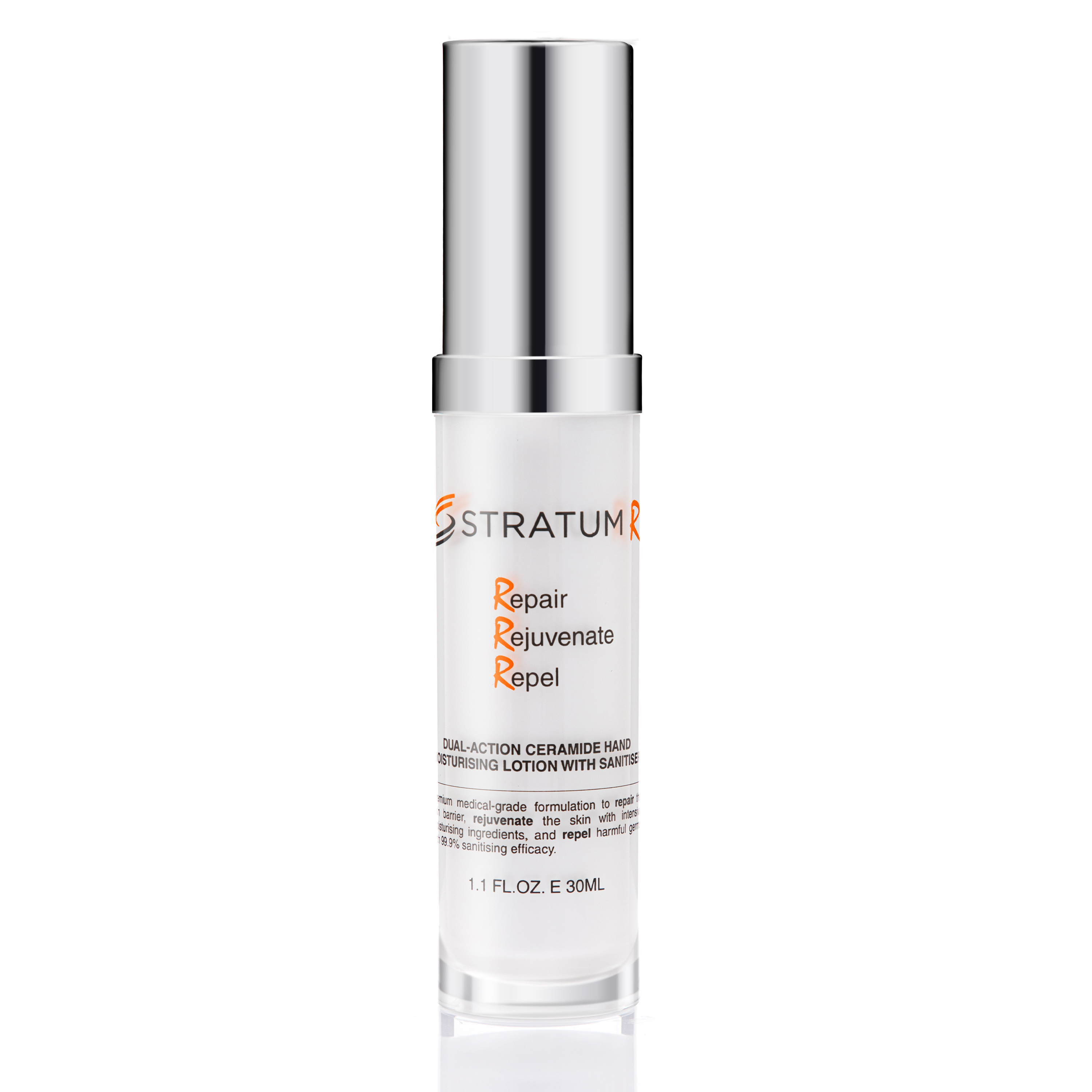 Professional skincare product photography of StratumRx Dual-Action Ceramide Hand Moisturising Lotion with clean studio lighting for ecommerce, healthcare marketing and commercial product photography by Productpixels Singapore.