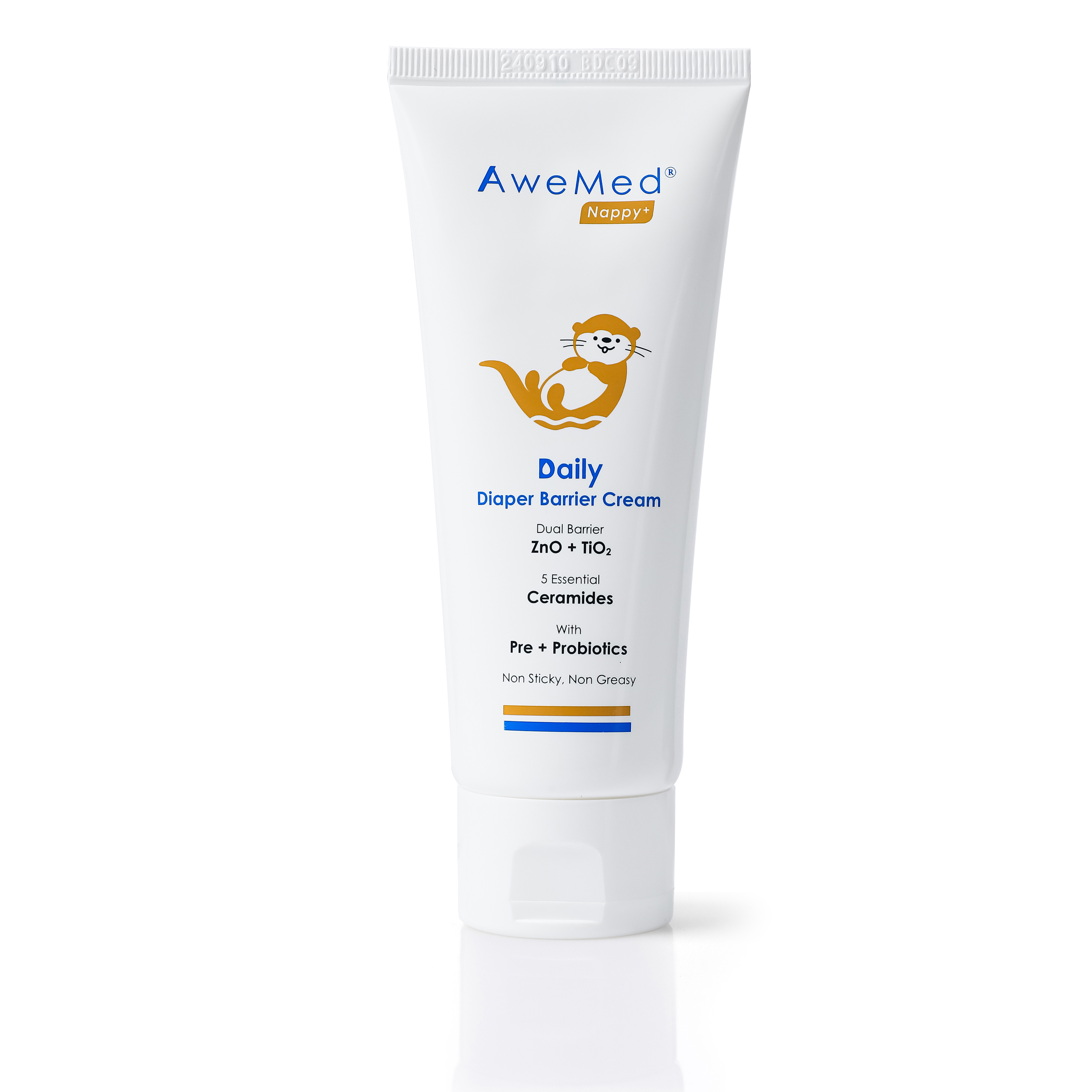 Professional baby skincare product photography of AweMed Daily Diaper Barrier Cream tube on a clean white background. Commercial cosmetics photography for ecommerce, retail packaging, Amazon listings and marketing campaigns by ProductPixels Singapore.