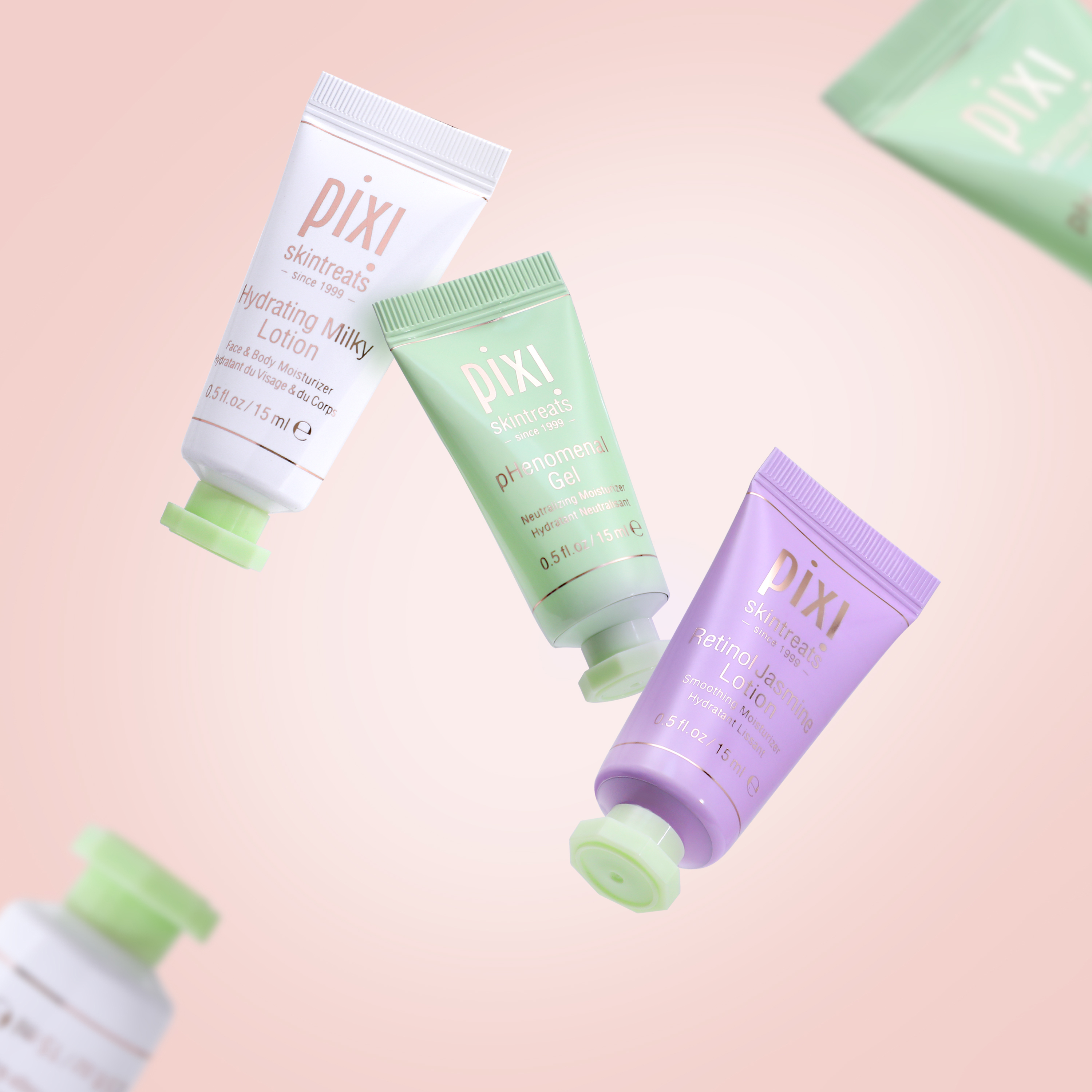 Creative skincare campaign photography featuring floating Pixi Skintreats skincare products against a pastel background. Premium beauty product photography by Productpixels Singapore.