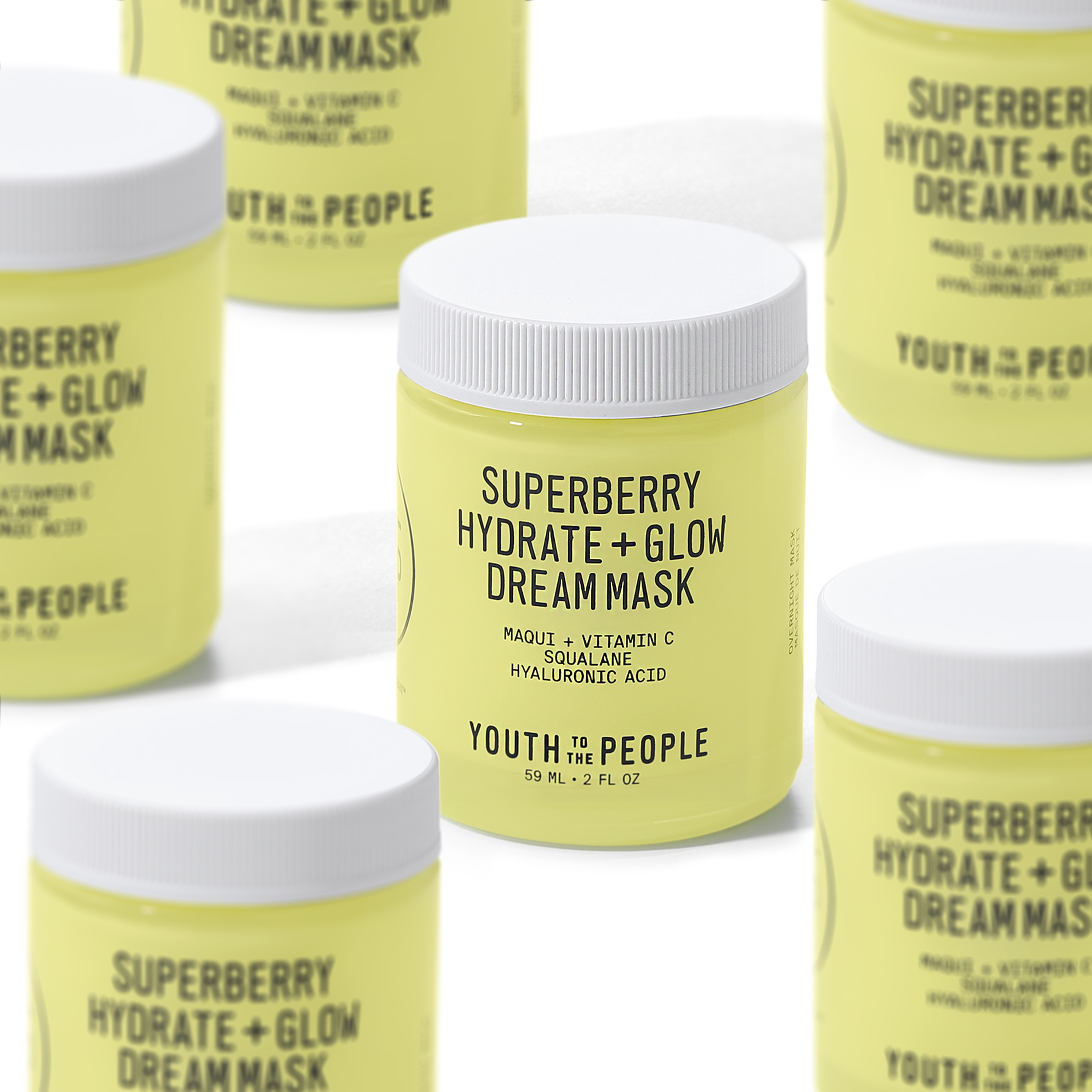 Professional skincare product photography of Youth To The People Superberry Hydrate + Glow Dream Mask arranged in a clean commercial composition with multiple product jars. Premium beauty product photography by ProductPixels Singapore.