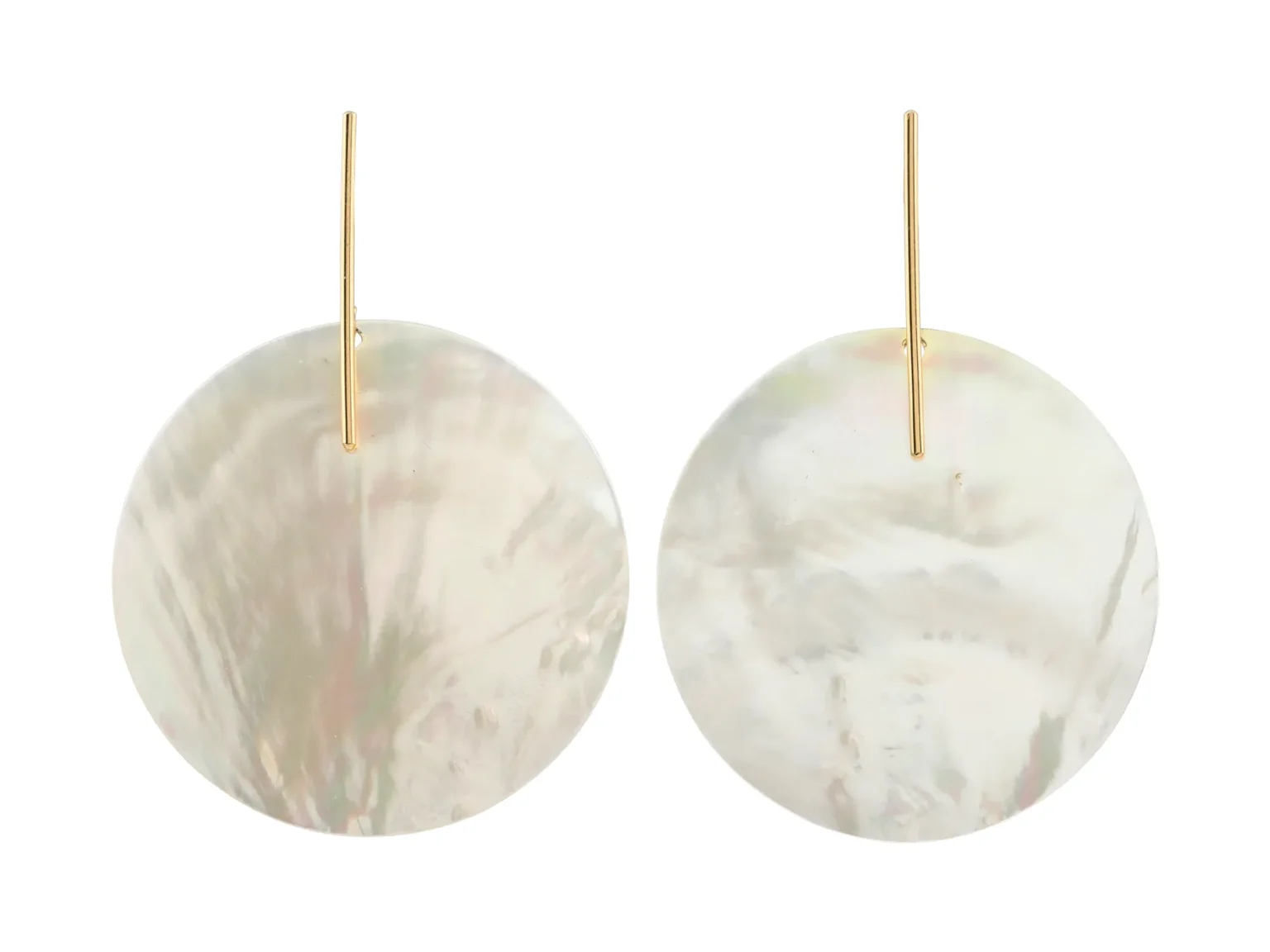 A pair of gold drop earrings with large circular mother of pearl pendants on a white background.