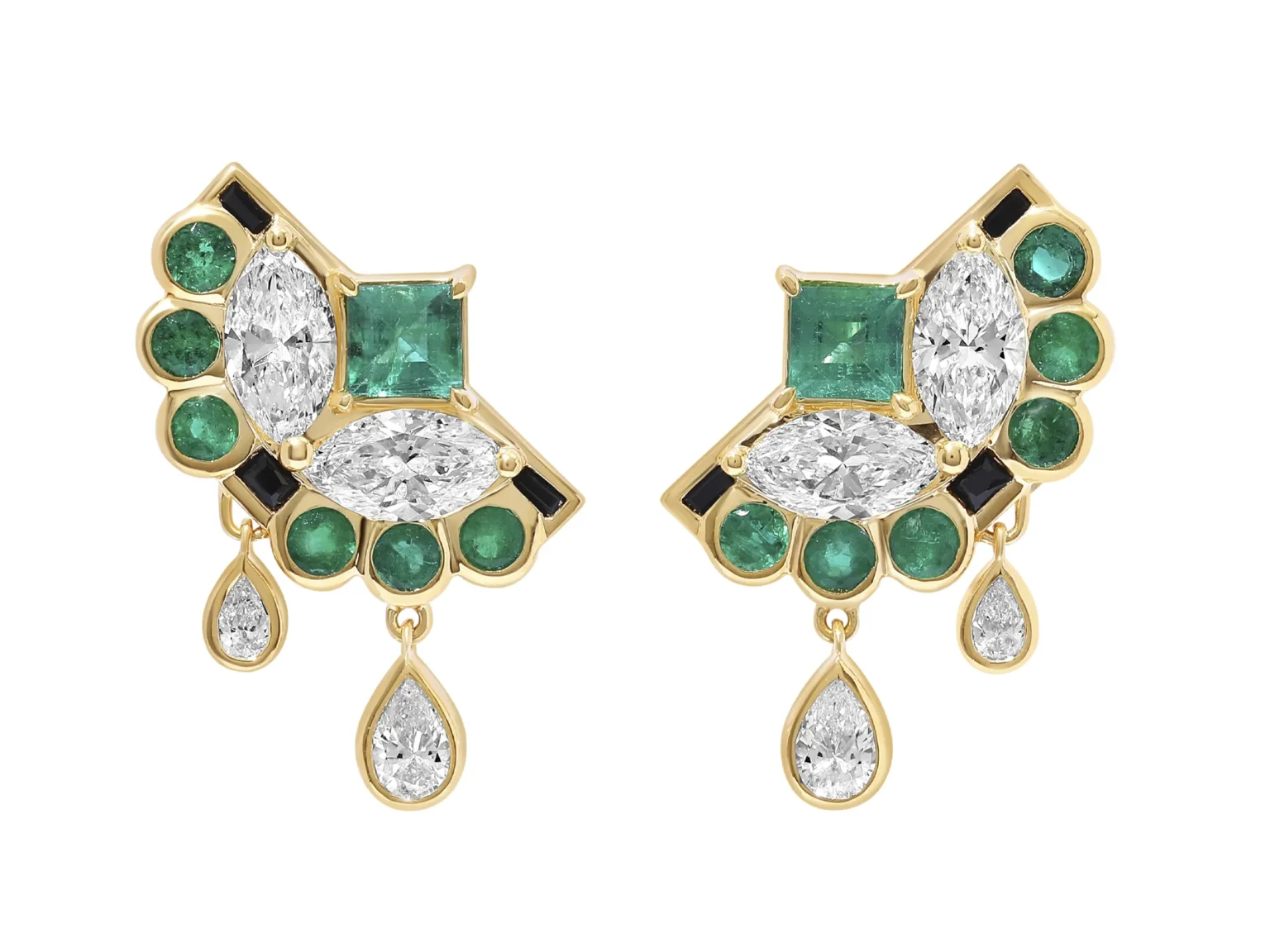 State Property Sanssouci Enchantress Drip Earrings in 18K yellow gold with emeralds, diamonds, and black spinel accents on a white background.