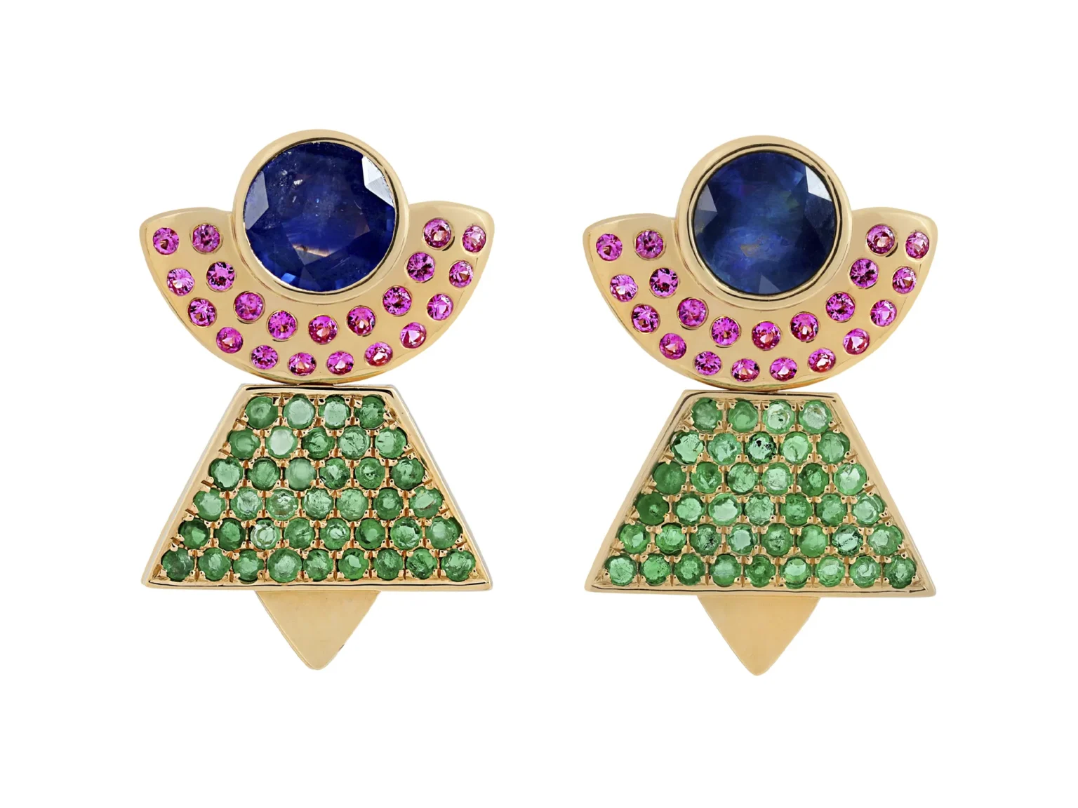 Geometric gold stud earrings featuring blue sapphires, pink spinels, and green emeralds in an architectural triangular design on a white background.