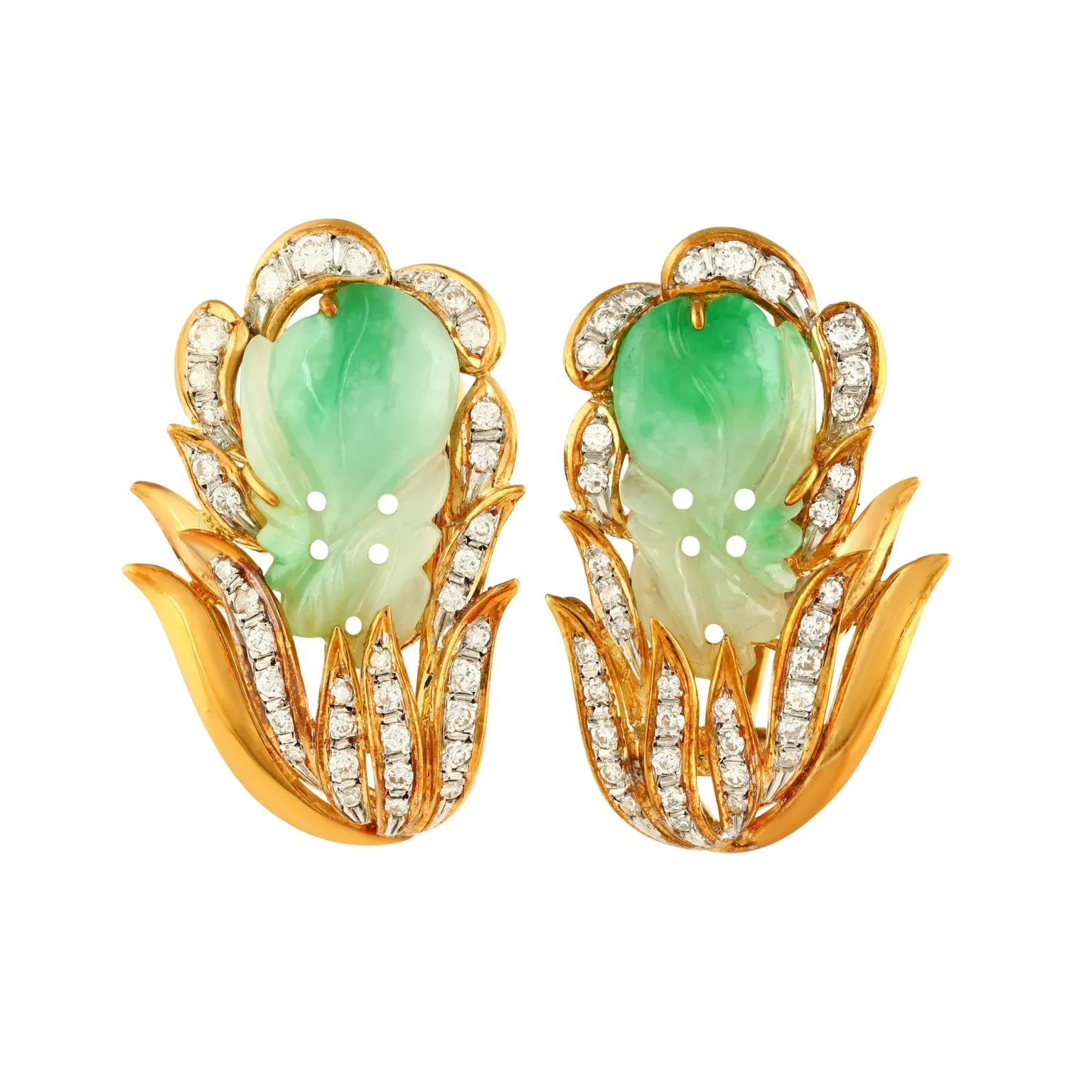 A pair of vintage 18K gold earrings with carved green jadeite centers and diamond-set floral accents.