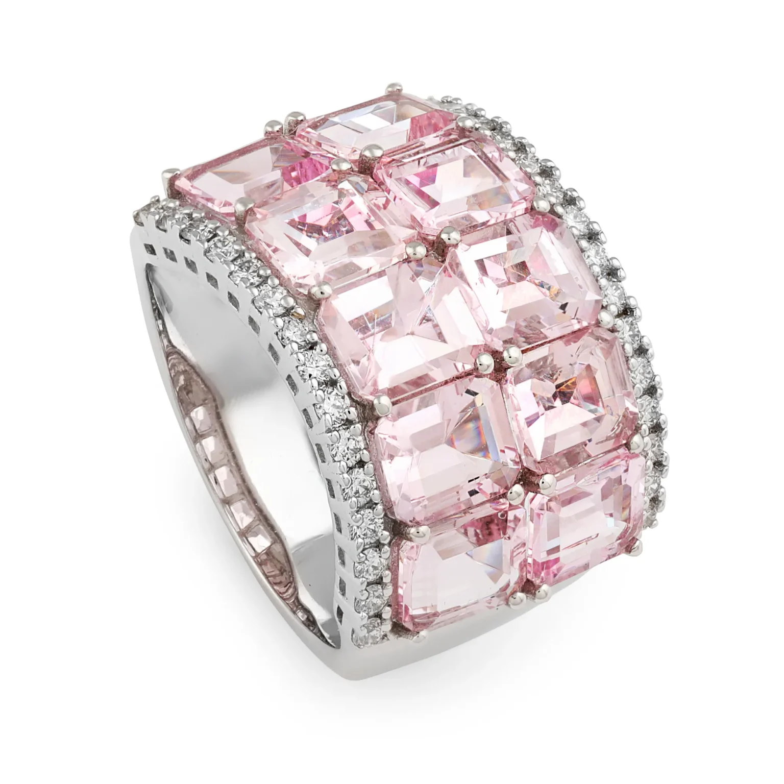 A wide white gold statement ring featuring a grid of emerald-cut pink gemstones and diamond borders.