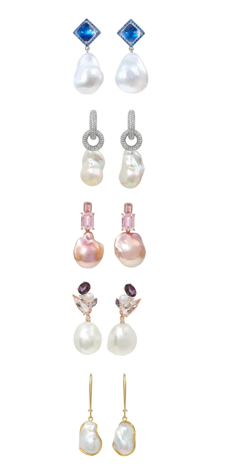 Collection of pearl earrings with gemstone and diamond designs on white background