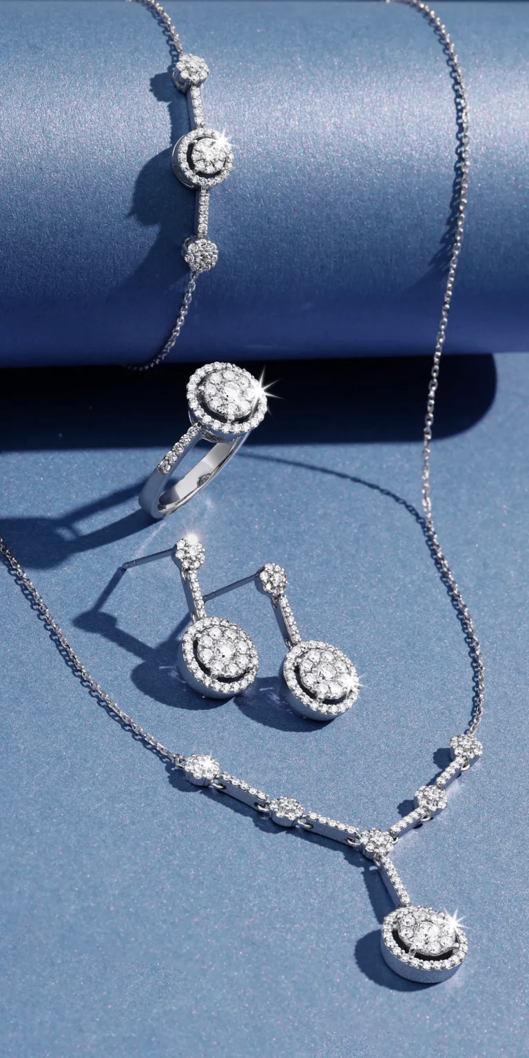 Diamond jewellery set including necklace, earrings, bracelet and ring on blue background, captured by Productpixels for jewellery photography in Singapore