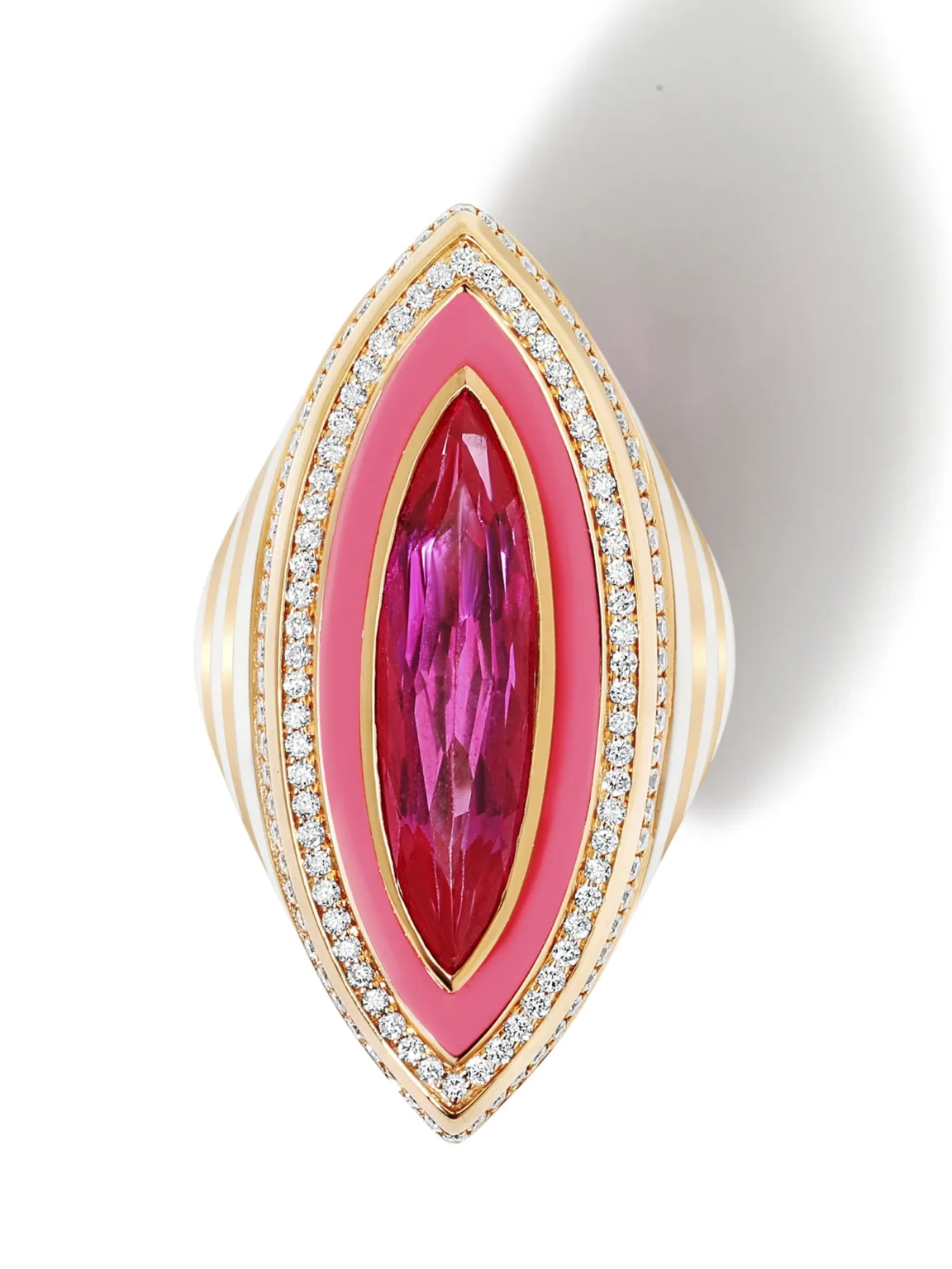 Luxury pink gemstone ring with diamond halo and gold setting captured in high-end jewellery photography by Productpixels Singapore