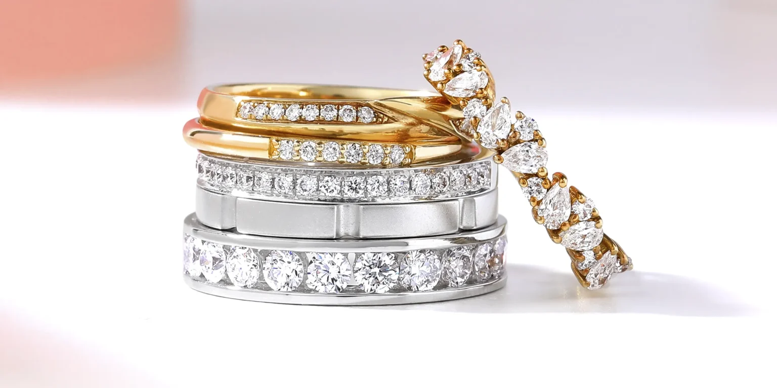 Stacked diamond rings in gold and silver captured in luxury jewellery photography by Productpixels Singapore
