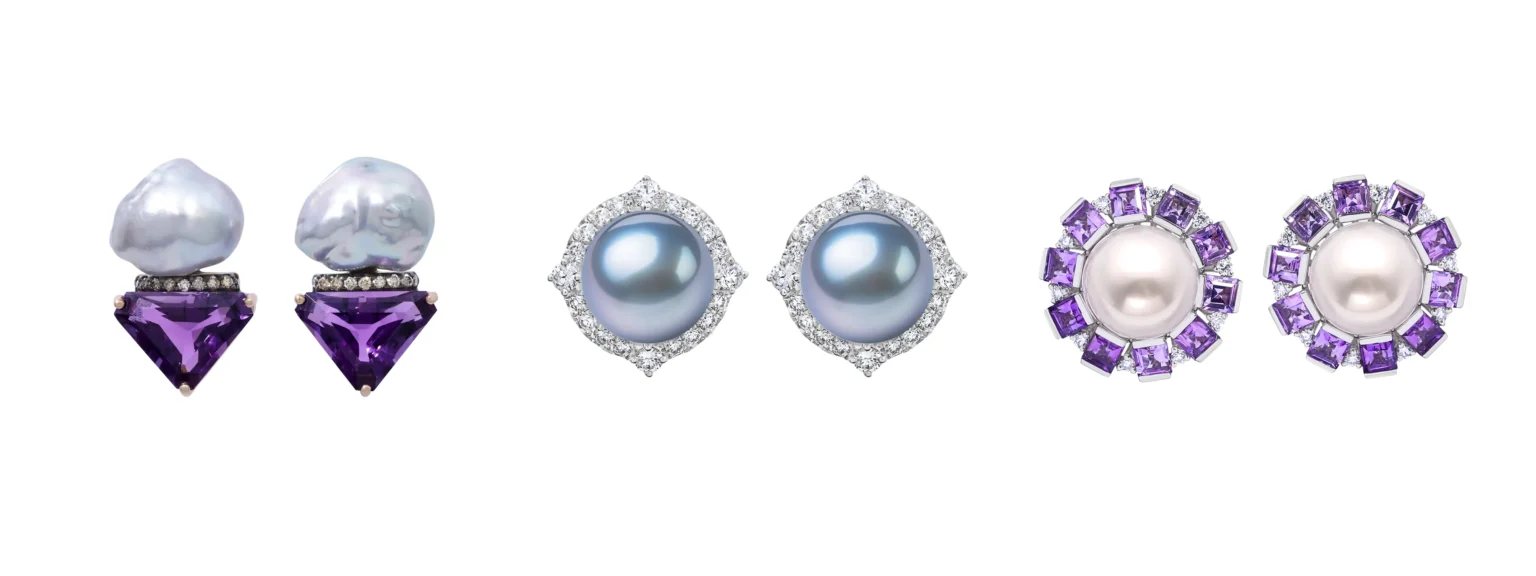 Luxury gemstone and pearl earrings collection on white background captured in jewellery photography by Productpixels Singapore