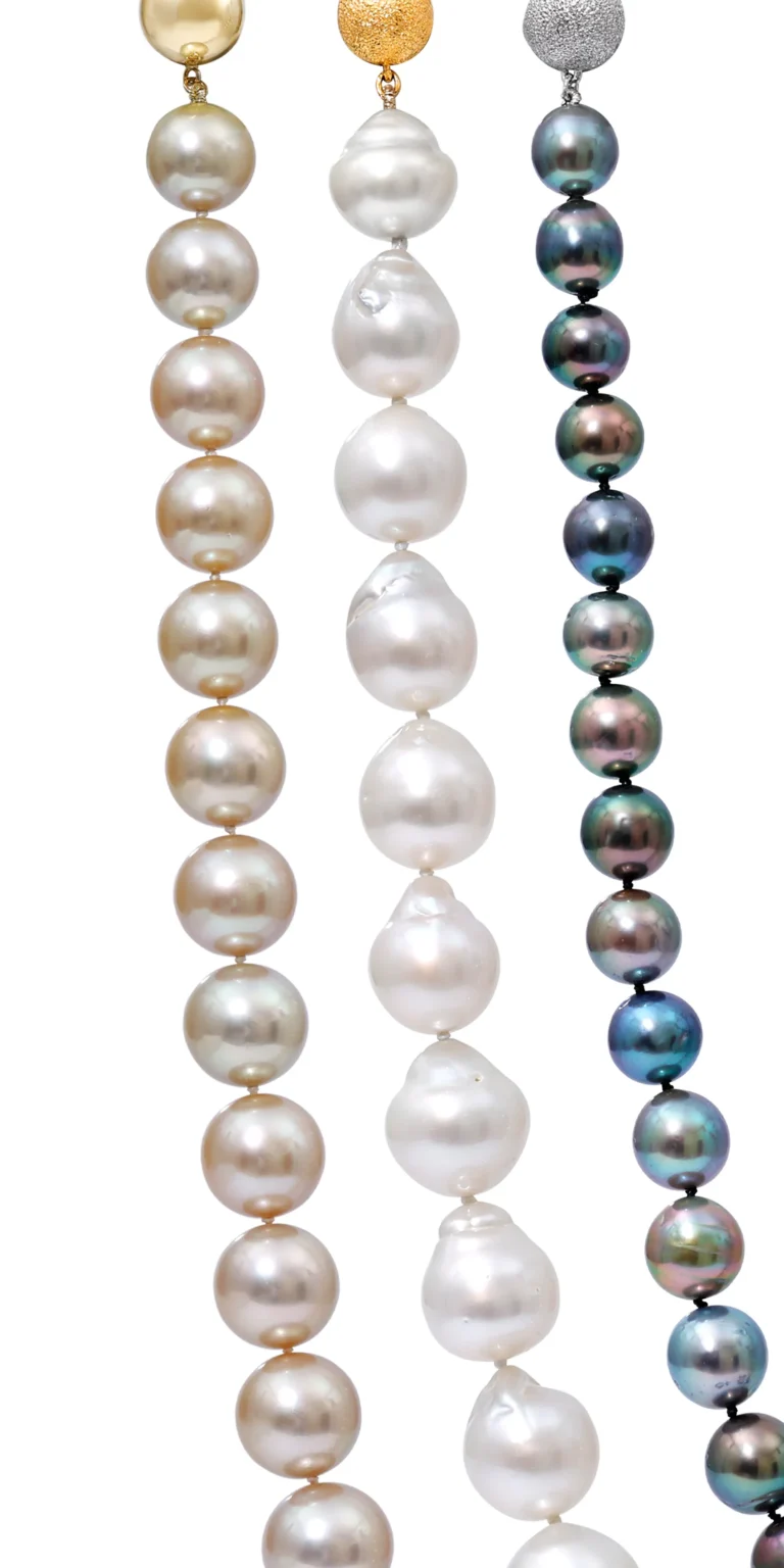 Luxury pearl necklace photography featuring gold, white and black pearls with natural lustre, shot by ProductPixels Singapore