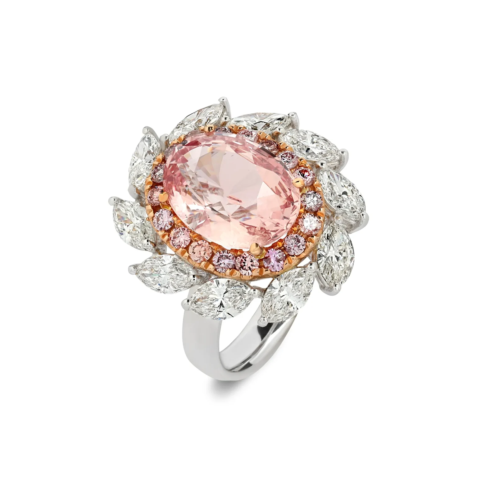 Professional jewellery photography of pink gemstone diamond halo ring with marquise diamonds, shot on clean background by ProductPixels Singapore