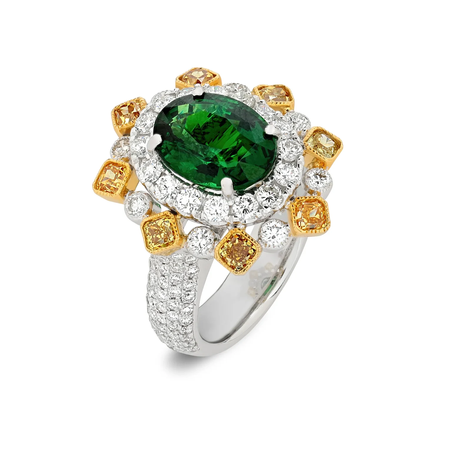 Luxury emerald and diamond ring photography featuring oval green gemstone with yellow and white diamond halo, by ProductPixels Singapore