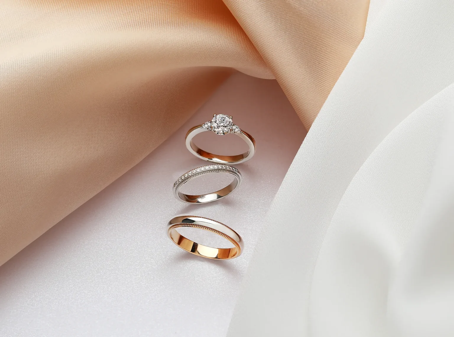 High-end jewellery photography of bridal ring set highlighting elegance, texture and premium finish in a styled setting