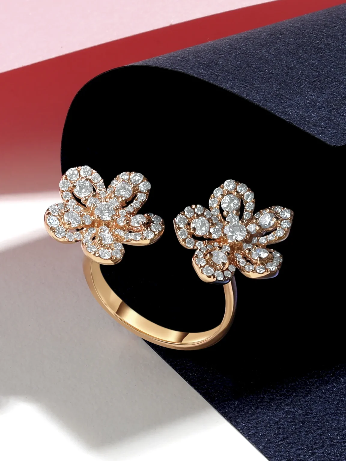 Luxury diamond flower ring photography in rose gold with floral design, captured by Productpixels Singapore