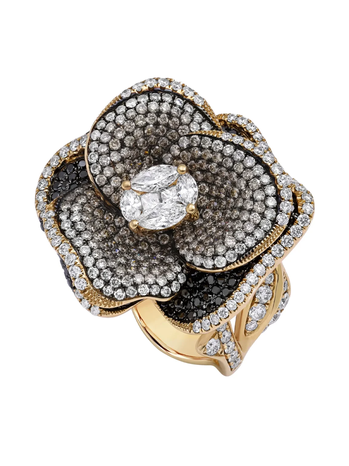 Luxury diamond flower ring photography featuring white and black diamonds in rose gold setting, captured by ProductPixels Singapore