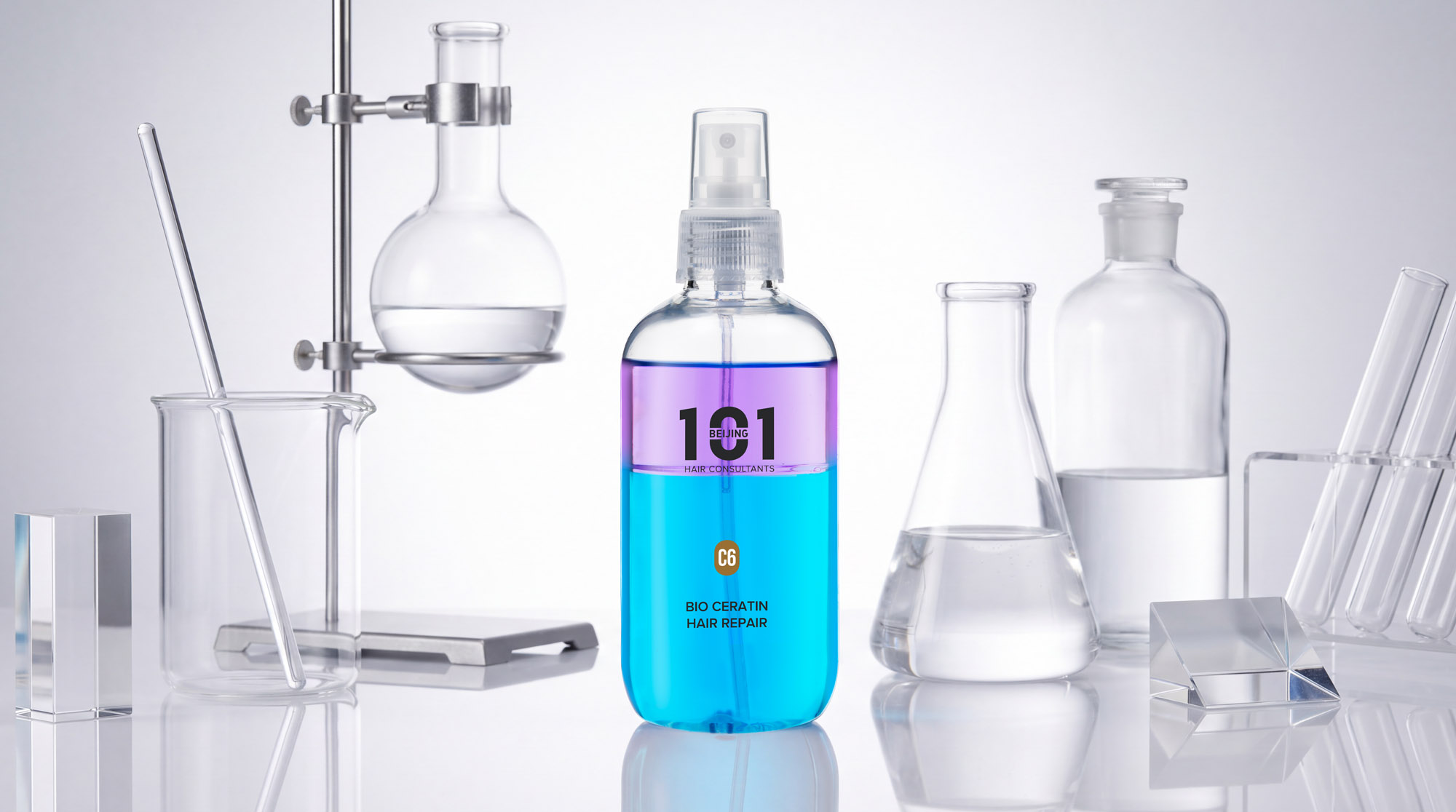 AI-generated laboratory-style haircare product campaign image by ProductPixels Singapore