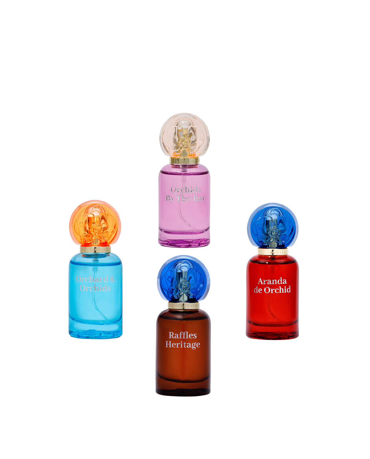 Colourful Singapore-inspired perfume bottles professionally photographed on white by Productpixels, a product photography studio in Singapore.