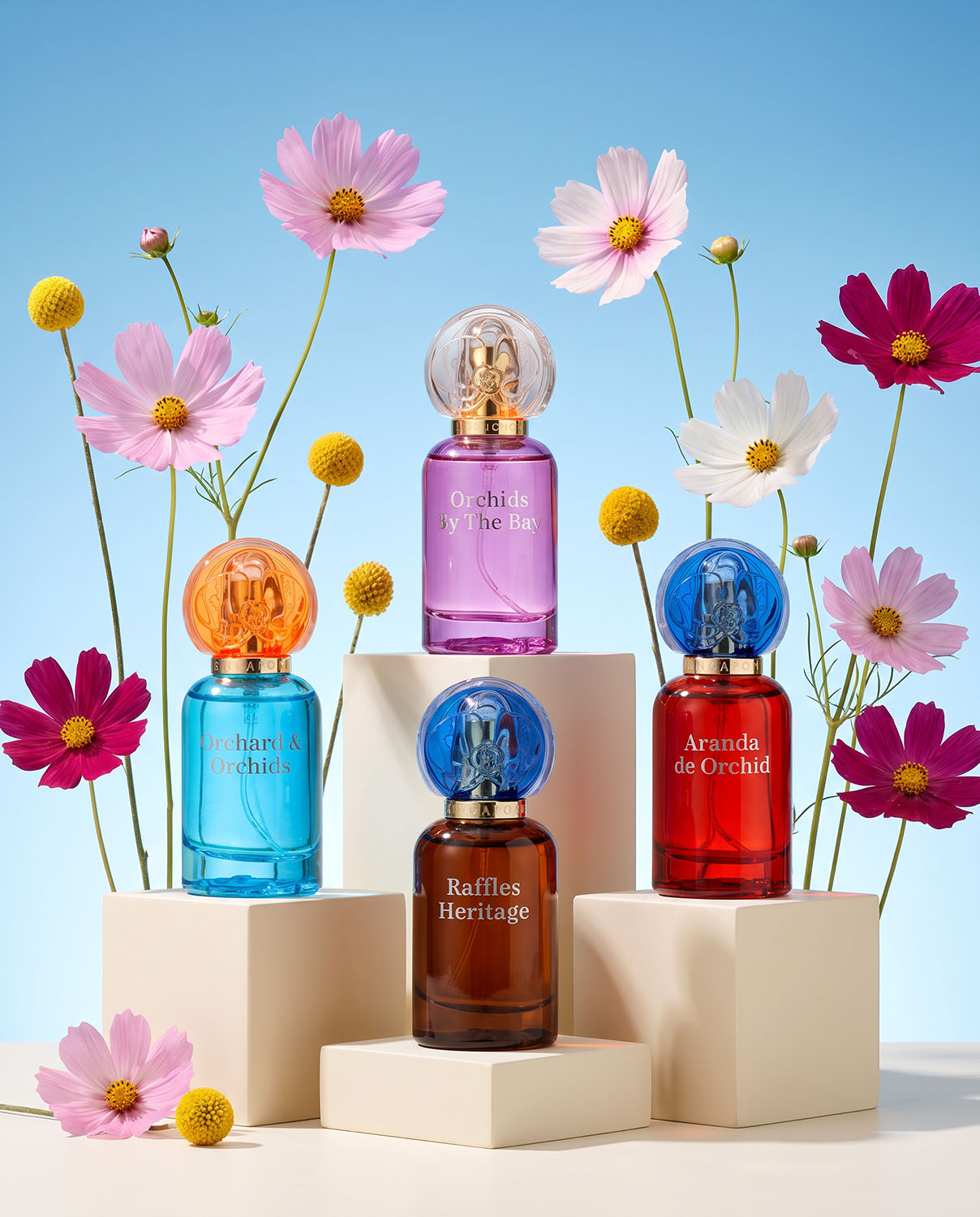 From professional studio product photography to a finished campaign visual. Productpixels Singapore combines original perfume photography with AI-assisted creative styling to place the photographed products within a colourful floral advertising environment, while retaining the appearance, colours and identity of the original products. Creative imagery for fragrance, cosmetics and beauty campaigns, websites and social media.